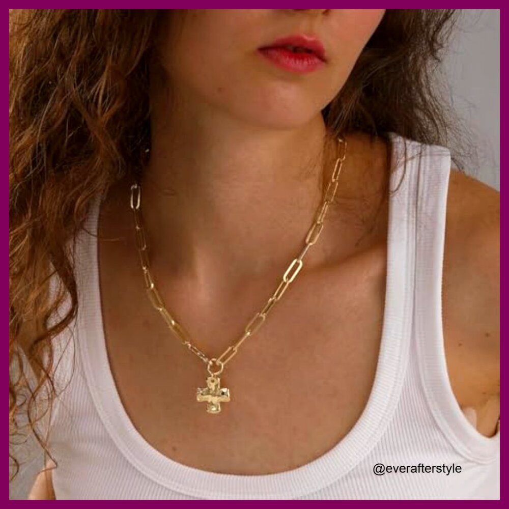 14K Gold/Silver Plated Chunky Cross Pendant Necklace Paperclip Chain - Picture 4 of 7